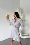 POLYVİSKON CROP CEKET - EKOSE PİLE DETAYLI ETEK TAKIM - Gri resmi